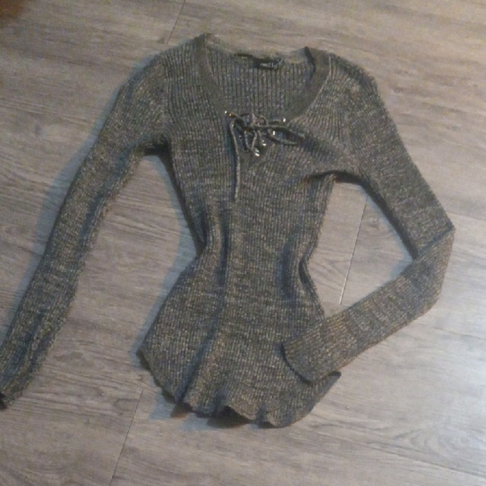 Comfy Gray Blouse with Lace-Up Detail